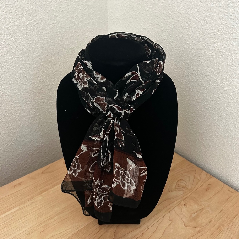 Liz Claiborne Silk Floral Scarf Black Brown Sheer Cottagecore Costal Grandma